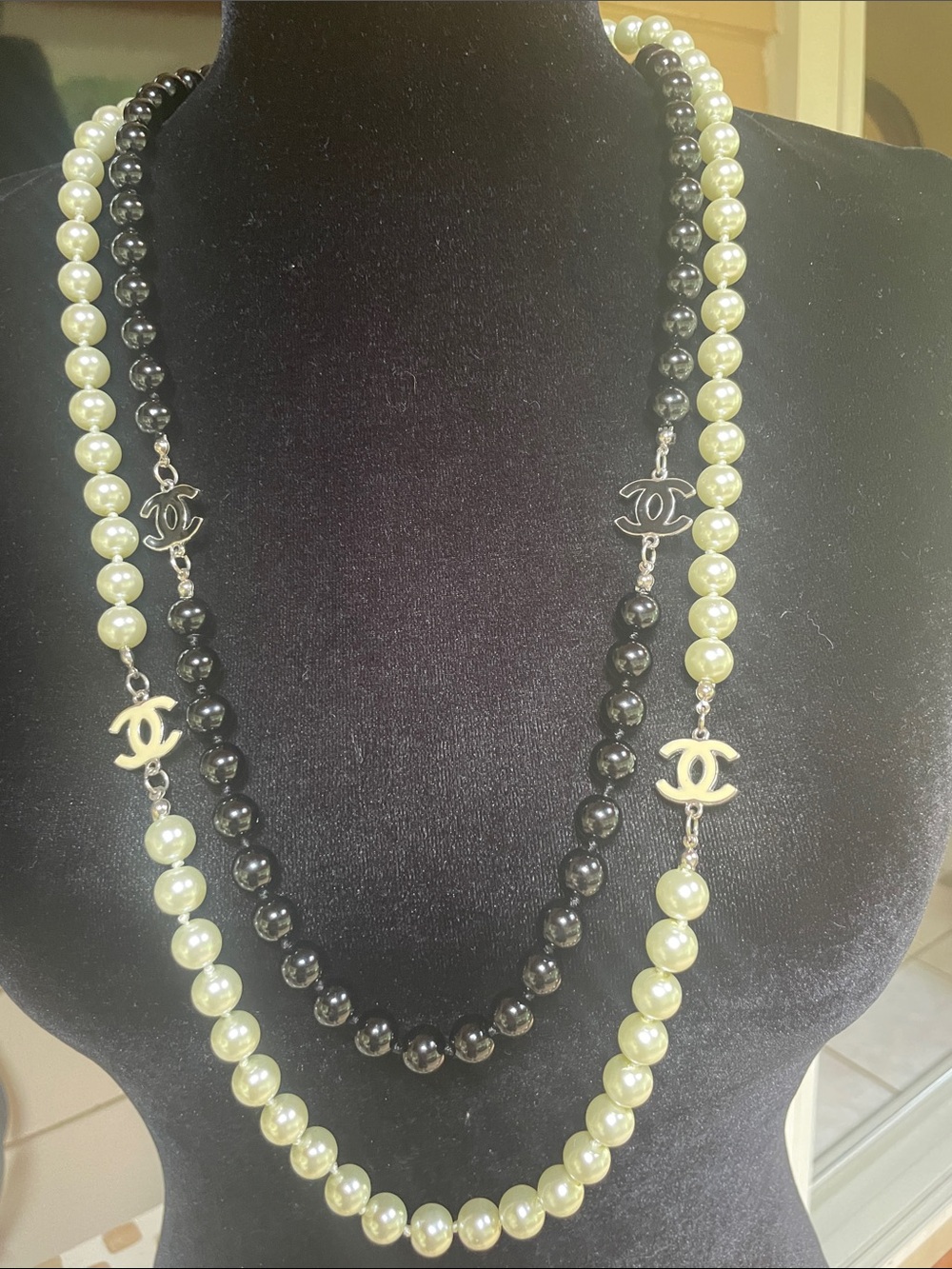 Black and Ivory Pearl Long Necklace with CC Logos